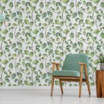 Peaceful botanical greenery vinyl wall mural adored in Los Angeles interiors, easy to remove, creating a soft nature-inspired wall art for calm modern homes.