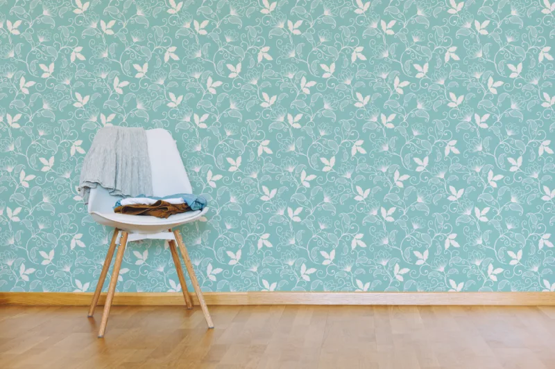 Charming soft aqua removable floral vintage mural, perfect for bedroom walls in Atlanta and homes across Birmingham, Alabama for a southern-style refresh.