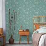Trendy teal floral removable vinyl peel and stick wallpaper, ideal for Boston apartments and stylish UK homes around Manchester, Europe-inspired design.