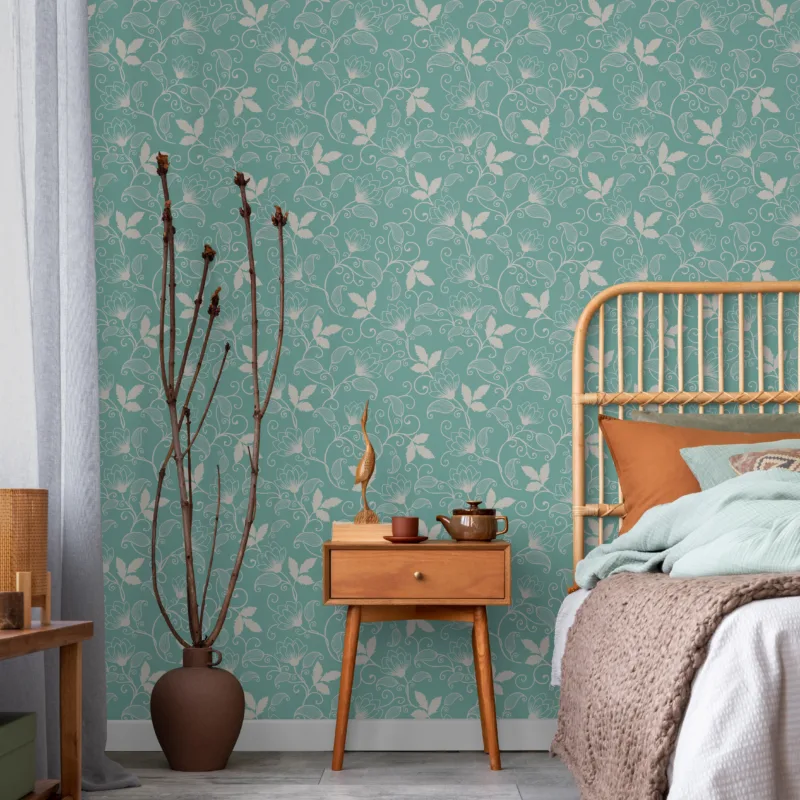 Trendy teal floral removable vinyl peel and stick wallpaper, ideal for Boston apartments and stylish UK homes around Manchester, Europe-inspired design.