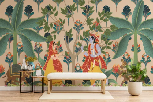 Temple Wall Mural Radha Krishna Pichwai Indian Folk Style Seattle Retreat Series Indian Miniature inspired Radha Krishna Temple Mural featuring Pichwai folk art, creating peaceful vibes for spiritual spaces and Home Temple Wall.