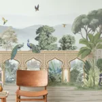 Luxury tropical botanical mural with lush greenery, peacocks, and elephants, trending homes for high-end boho and exotic interior Decor.