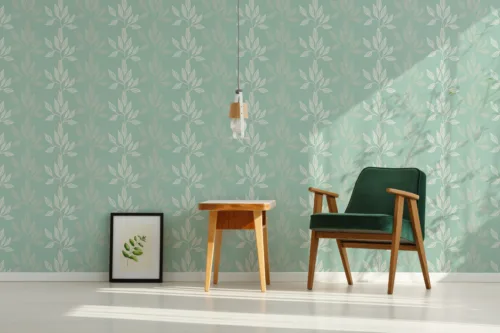 Vintage Leaf Wall Decal Green Nature Pattern Cottage Style Living Miami Room Look Vintage leaf wall decal with a green nature pattern, giving Miami cottages a serene European aesthetic and eco-inspired living room transformation.