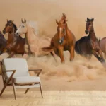 Western style running horse mural wallpaper in vinyl, rustic lodge living room wall art accent.