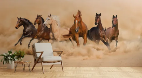 Western Style Running Horse Mural Vinyl Wallpaper Lodge Living Room Oklahoma Homes Special Western style running horse mural wallpaper in vinyl, rustic lodge living room wall art accent.