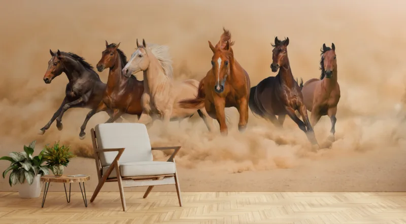 Western style running horse mural wallpaper in vinyl, rustic lodge living room wall art accent.