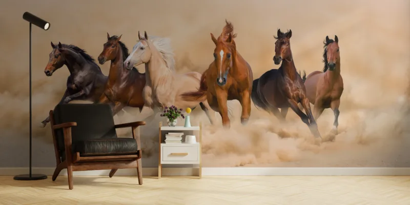 Wild running horse wall mural with western desert ranch charm, self-adhesive wallpaper design, a stylish feature in apartments.