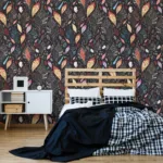 Modern dark botanical accent wallpaper for living room Deco, perfect for Trendy and Stylish homes with colorful leafy elegance.