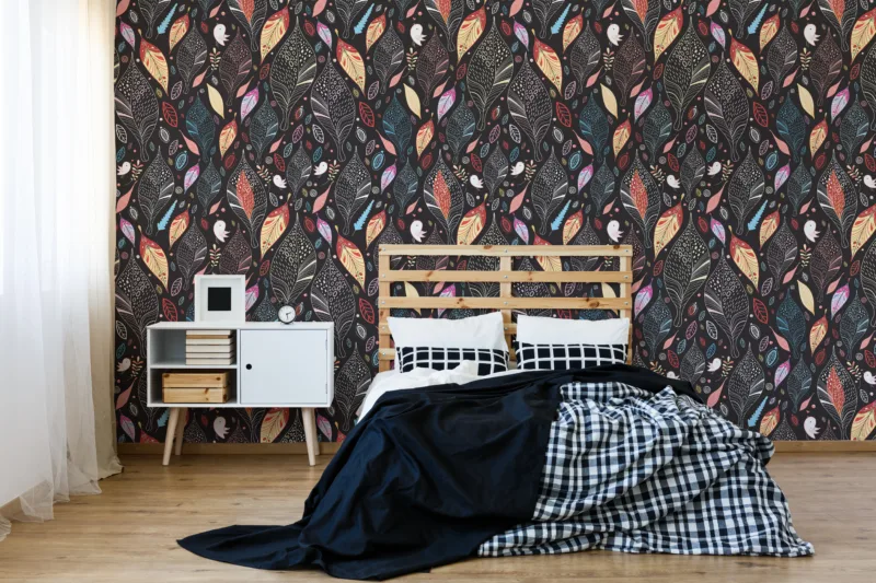 Modern dark botanical accent wallpaper for living room Deco, perfect for Trendy and Stylish homes with colorful leafy elegance.