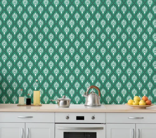 Elegant green and white art deco floral wallpaper for dining room décor, styled for modern homes in Scottsdale for a fresh interior look.