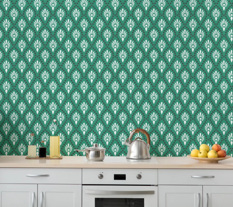Elegant green and white art deco floral wallpaper for dining room décor, styled for modern homes in Scottsdale for a fresh interior look.