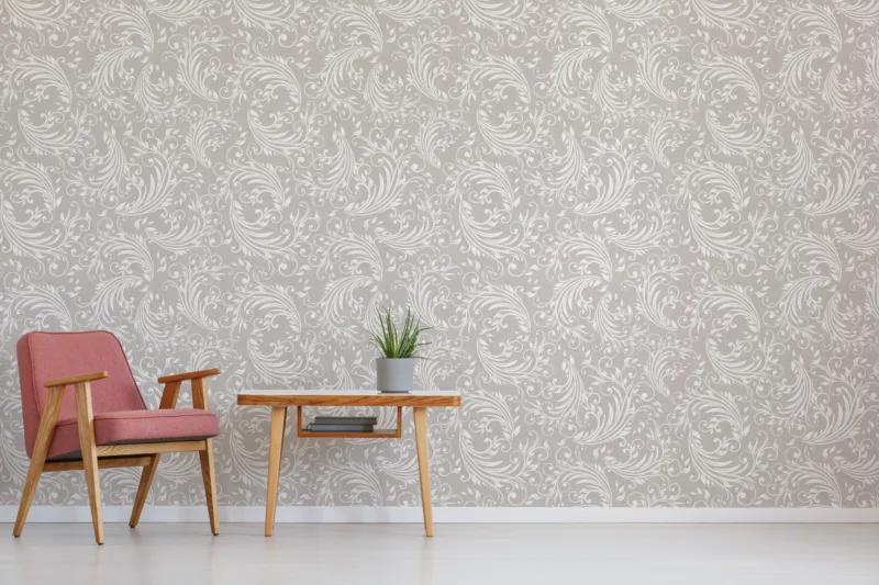 Elegant baroque neutral peel and stick wallpaper with scroll details perfect for modern Houston homes seeking a soft upscale removable wall décor upgrade.