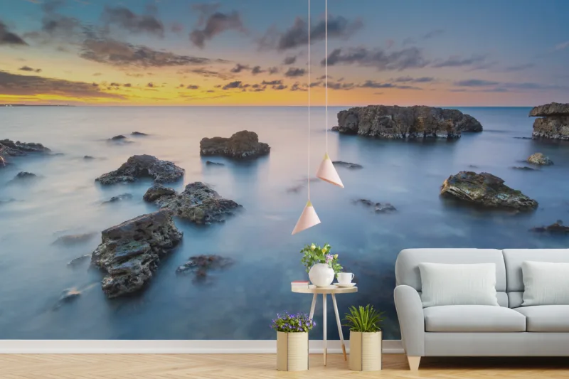 Warm beach sunset wall canvas with soft gradient sky and calm ocean tones, perfect for modern homes inspired by the coastal mood of San Diego.