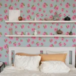 Elegant blue vintage rose wallpaper design perfect for feminine decor and bedrooms.