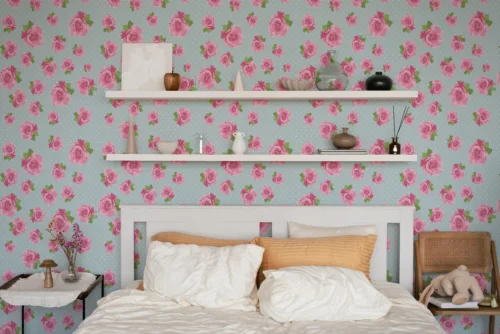 Blue Background Vintage Rose Wallpaper Feminine Decor Girls Bedroom Miami Style Update Elegant blue vintage rose wallpaper design perfect for feminine decor and bedrooms.