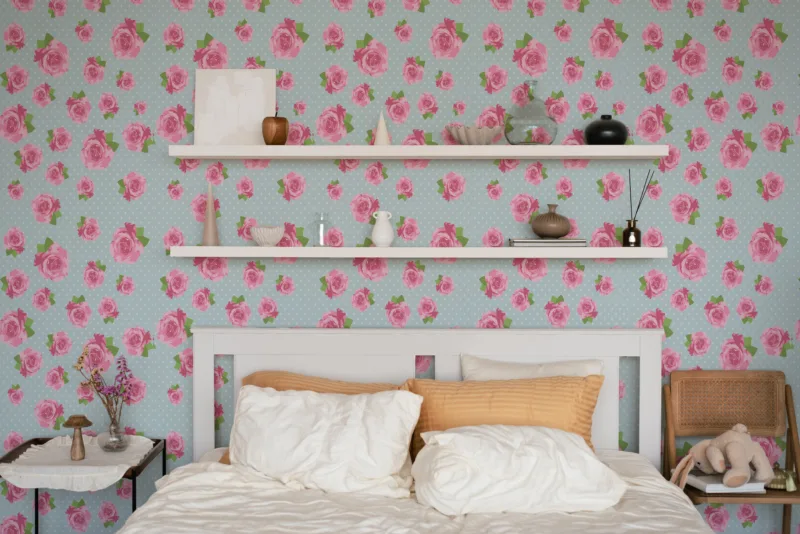 Elegant blue vintage rose wallpaper design perfect for feminine decor and bedrooms.