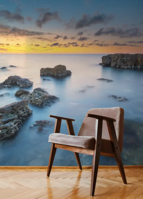 Blue seascape sunset canvas print featuring a soothing gradient perfect for bedroom wall décor, inspired by peaceful shoreline living near Gold Coast, Australia.