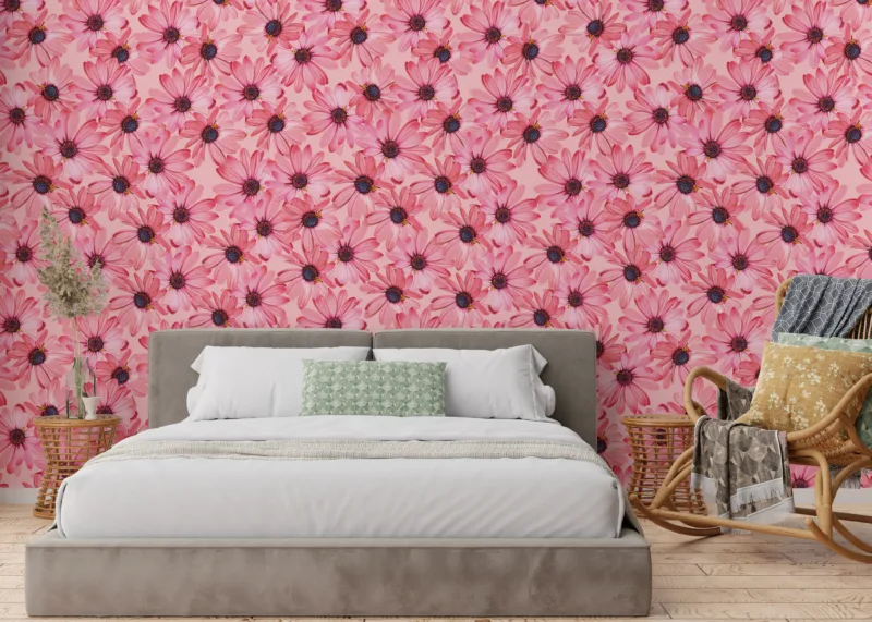 Elegant blush pink daisy wall mural adds botanical beauty to Modern living room spaces.