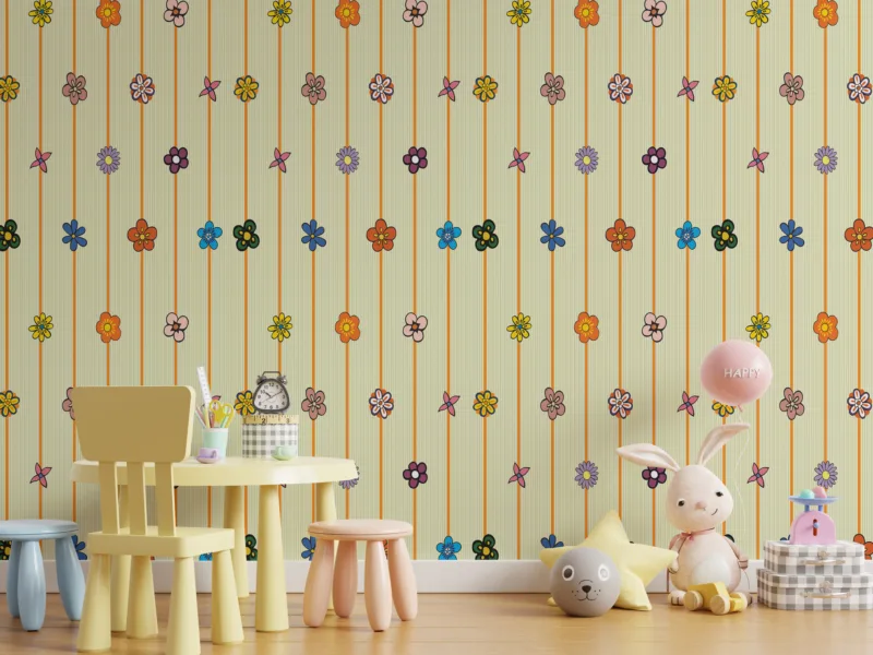 This boho flowers wallpaper adds a charming vintage touch to kids’ bedrooms or nursery walls, blending soft pastel tones with a hand-painted floral pattern.