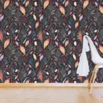 Boho leaf peel and stick removable wallpaper, ideal for Modern apartments seeking dark botanical charm.