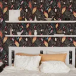 Removable dark botanical boho wallpaper with multicolor pattern, loved by Houston and Sydney homeowners for creative interiors.