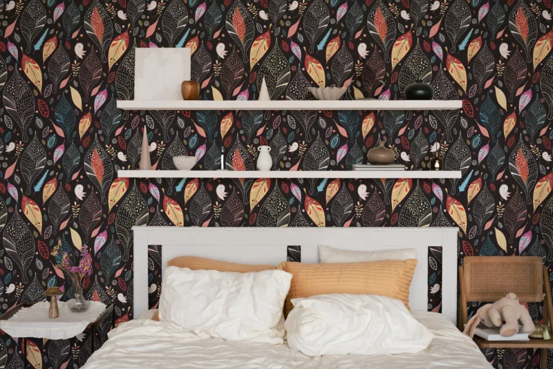 Removable dark botanical boho wallpaper with multicolor pattern, loved by Houston and Sydney homeowners for creative interiors.