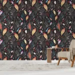 Bold dark leaf wallpaper mural adds Songbird Design is charm with colorful peel and stick pattern for vibrant wall Decor.