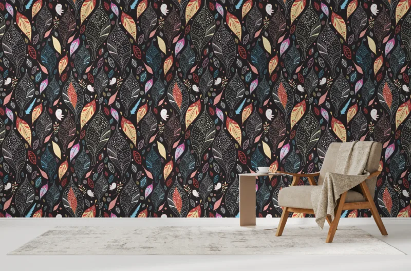 Bold dark leaf wallpaper mural adds Songbird Design is charm with colorful peel and stick pattern for vibrant wall Decor.