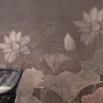 Soft pink botanical lotus wallpaper in Japandi style adds calm sophistication to Florida homes, ideal for wall art and modern interior décor.