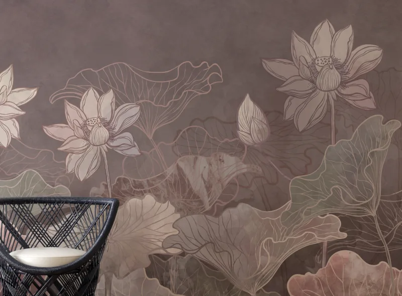 Soft pink botanical lotus wallpaper in Japandi style adds calm sophistication to Florida homes, ideal for wall art and modern interior décor.
