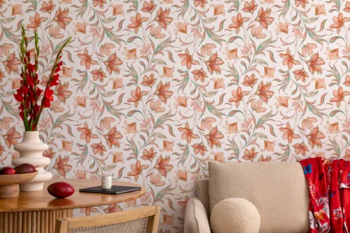 Soft orange lily botanical peel and stick wallpaper creating a warm stylish room interior with elegant floral detailing for modern home decoration.