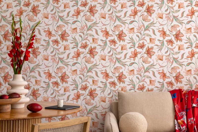 Soft orange lily botanical peel and stick wallpaper creating a warm stylish room interior with elegant floral detailing for modern home decoration.