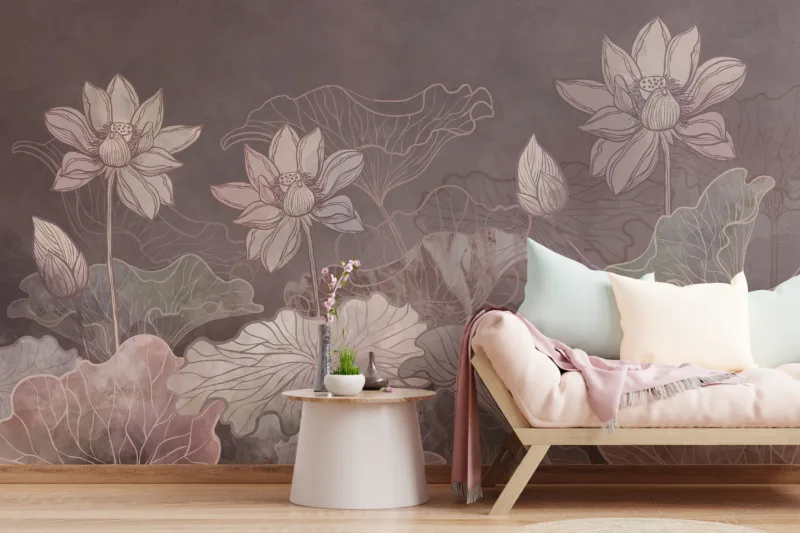 Elegant removable lotus flower wallpaper mural in blush tones, perfect for Modern homes seeking a peaceful and stylish peel and stick vinyl wall design.