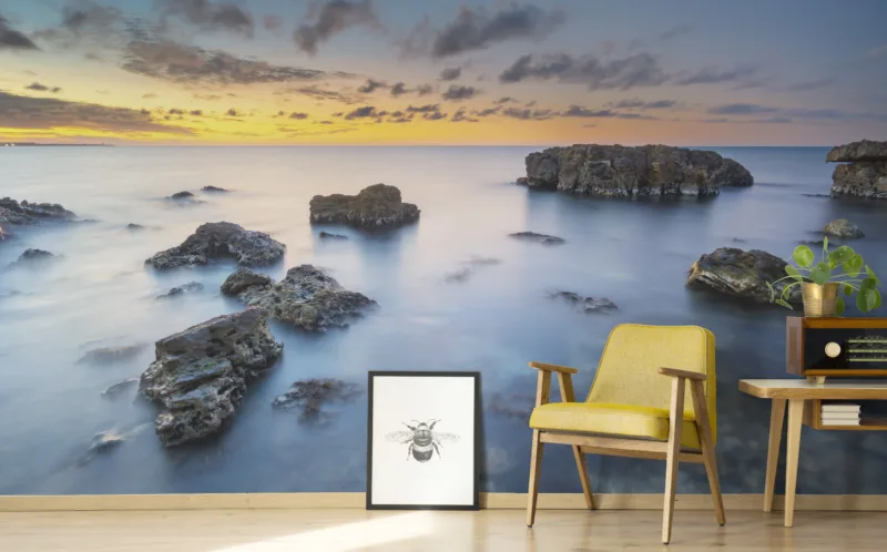 Sunset gradient coastal canvas art blending soft ocean colors, ideal for beach house interiors, inspired by serene evening horizons for modern interior.