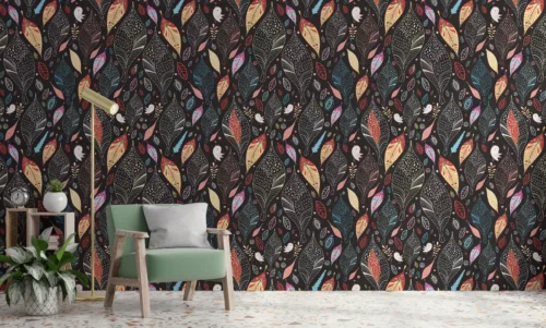 Colorful Nature Inspired Wall Mural Teal Mustard Leaf Design Boho Losangeles Decor Highlight Teal and mustard nature-inspired wall mural, ideal for Los Angeles and Dubai interiors, offering trendy boho accent style.