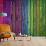 Bright colorful wooden panel wall decor with rustic modern style, perfect for Los Angeles and Paris apartments seeking chic handmade interior charm.