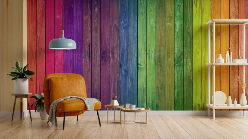 Bright colorful wooden panel wall decor with rustic modern style, perfect for Los Angeles and Paris apartments seeking chic handmade interior charm.