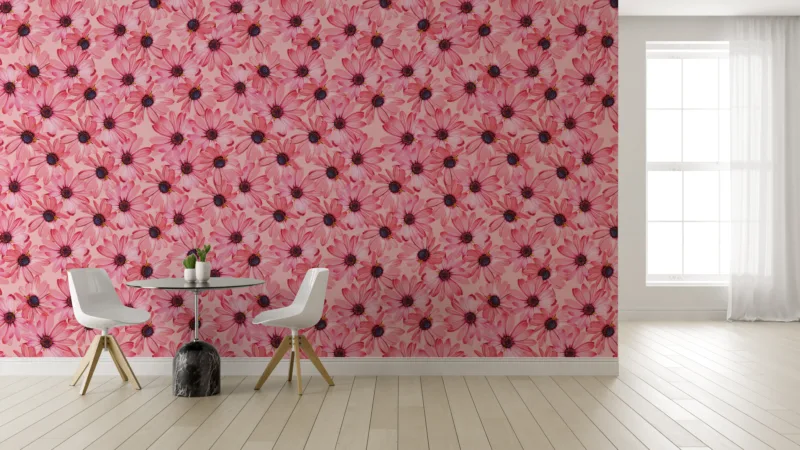 Charming blush daisy wallpaper with a soft cottagecore feel, perfect for Boston or UK-inspired floral interiors.