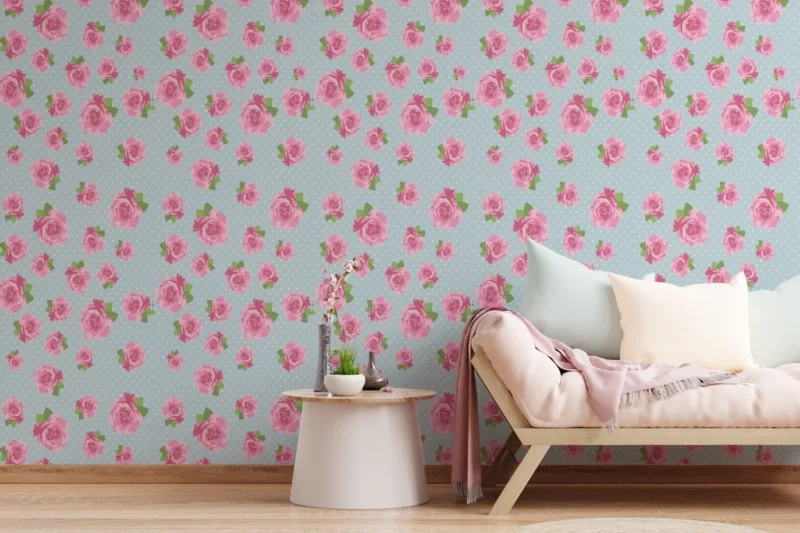 Charming cottagecore floral wallpaper in pink and blue tones, ideal for Trendy apartments and bedrooms with a timeless, classic home decor appeal.
