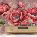 Elegant red and pink peony botanical mural panel for modern homes, inspired by natural floral art, trending in Cleveland interior deco searches.