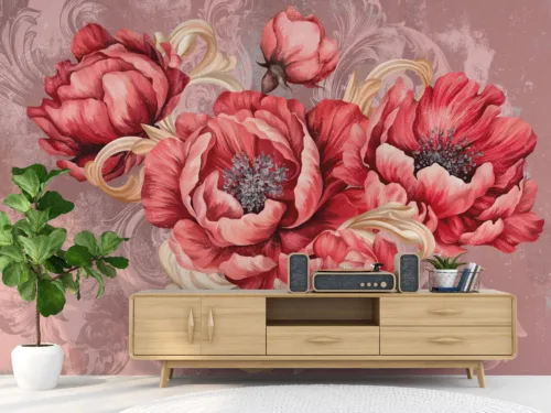 Elegant red and pink peony botanical mural panel for modern homes, inspired by natural floral art, trending in Cleveland interior deco searches.