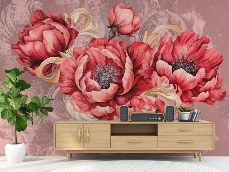 Elegant red and pink peony botanical mural panel for modern homes, inspired by natural floral art, trending in Cleveland interior deco searches.