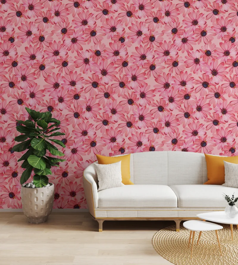 Soft floral daisy peel and stick wallpaper accent, perfect for cozy Atlanta or European-style home interiors.