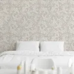 Stylish vinyl damask wallpaper with scroll print offering a bright luxury touch for Modern interiors wanting an easy removable wall makeover.