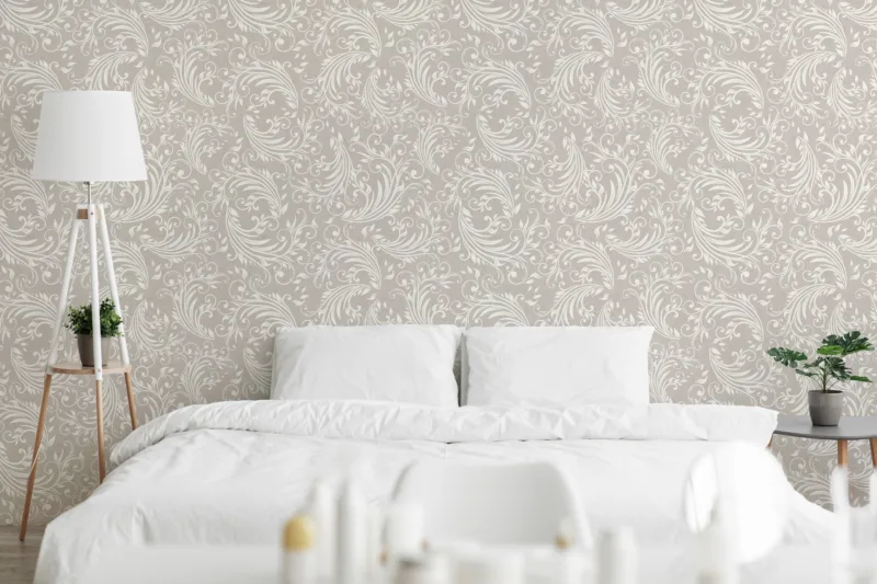 Stylish vinyl damask wallpaper with scroll print offering a bright luxury touch for Modern interiors wanting an easy removable wall makeover.