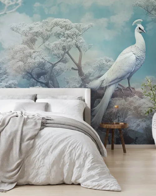 A majestic white peacock resting on snowy forest branches, perfect for luxury winter wall art loved elegant cool-tone decor.