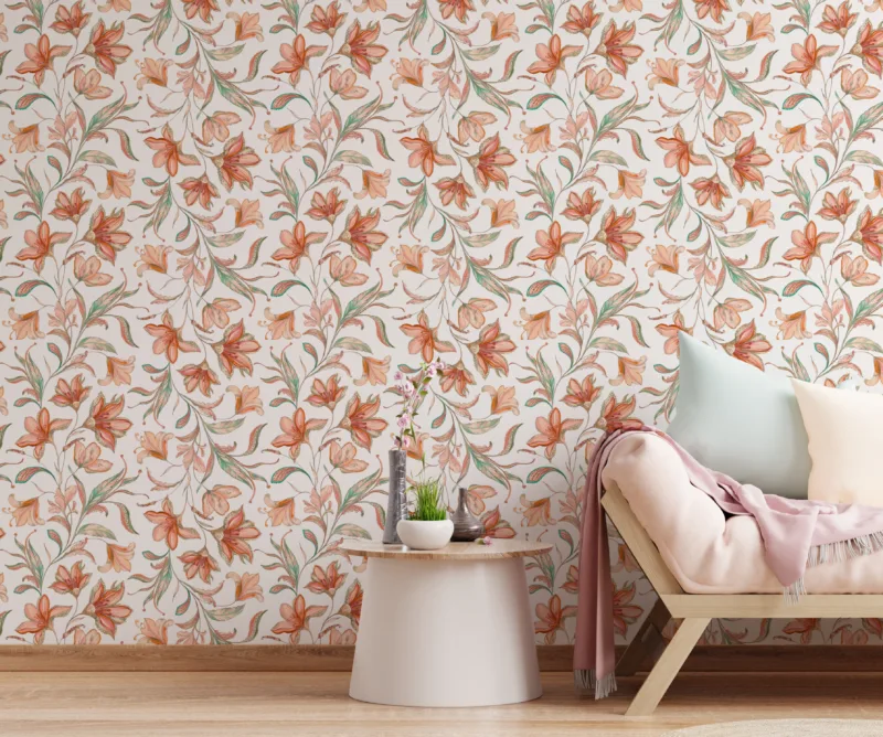 Peach tone floral removable wallpaper featuring lily artwork for a cozy bedroom makeover with stylish modern mural appeal for home interiors.