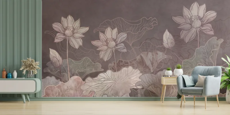 Blush floral vinyl wallpaper featuring lotus motifs, easy to peel and stick, bringing Arizona-style warmth and serenity to any modern interior wall.