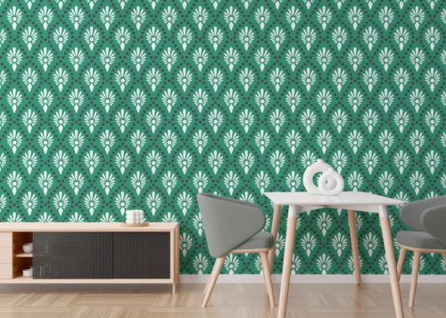 Modern green floral removable wallpaper ideal for refreshing bedroom walls, adding a calming touch inspired by urban interior trends.