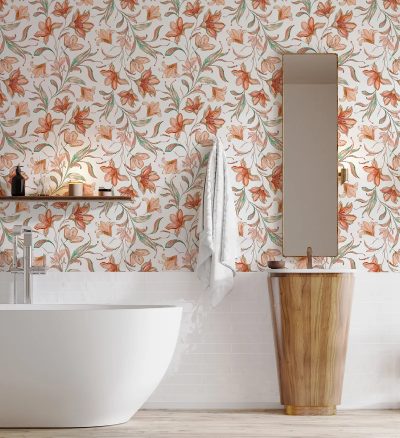 Soft pink floral peel and stick mural wallpaper designed for modern rooms, adding gentle artistic blooms and refreshing removable wall decor style.